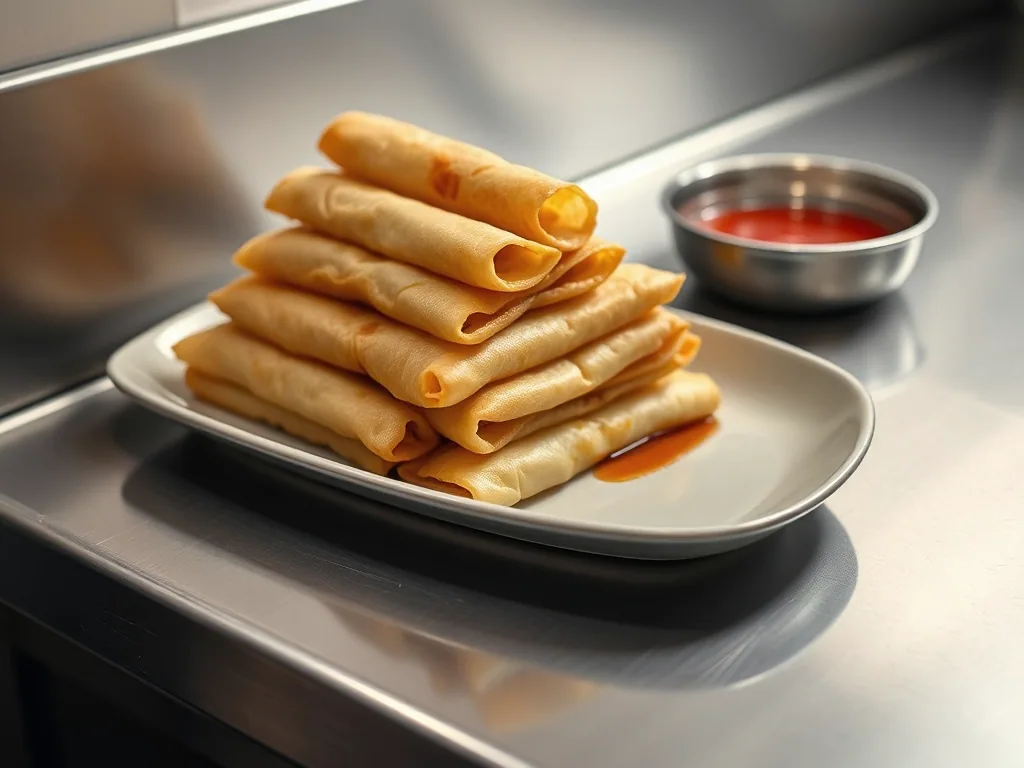 A stack of thin fried spring rolls on a white plate beside a small steel bowl of red dipping sauce