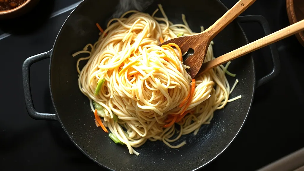 A wok of thin rice noodles with shredded cabbage and carrot being turned with a wooden spatula over a burner, steam coming off it