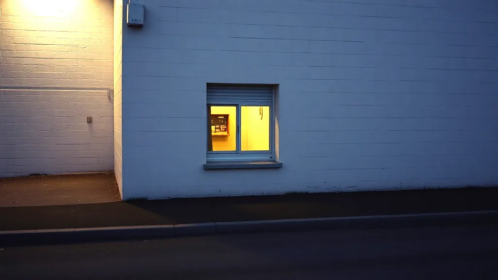 A small lit serving hatch in a plain painted block wall at dusk, the lane and kerb empty in front of it